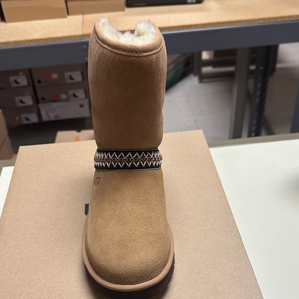 UGG Women’s Classic Short Crescent Chestnut Suede Boots with Shearling Lining - Picture 5 of 13